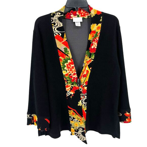 Soft Surroundings Black Floral Kimono Jacket Womens Size  Medium Button Close - Picture 1 of 5